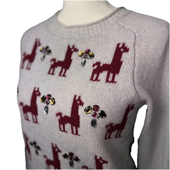 J Crew 100% Merino Wool Tan Llama Gem Embellished Rolled Neck Sweater Womens XS - Picture 2 of 7